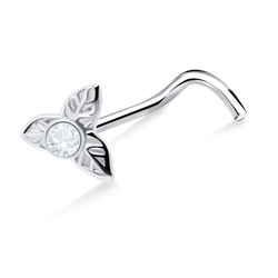 Stone Placed Leaves Silver Curved Nose Stud NSKB-671